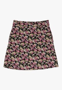 Blumenkleid mit schwarzem Hintergrund, das eine Vielzahl von rosa, weißen und gelben Blumen zeigt. Weicher Stoff, elastischer Bund und A-Linien-Form.