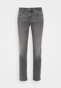 Herr slim-fit grå denimjeans med fram- och bakfickor, bältesöglor och knappstängning.