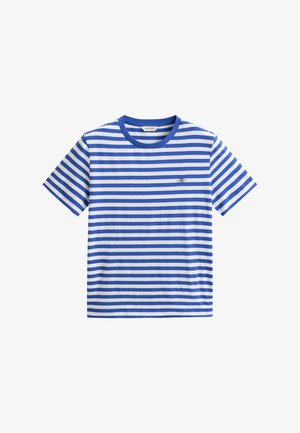 Blau-weiß gestreiftes T-Shirt mit kurzen Ärmeln, rundem Ausschnitt und kleinem besticktem Logo auf der Brust.