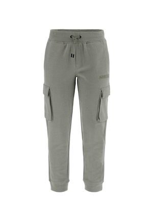 Grå sweatpants i blødt stof med snørebånd i taljen, to cargo-lommer og ribbede cuffs. Brandlogo printet på siden.