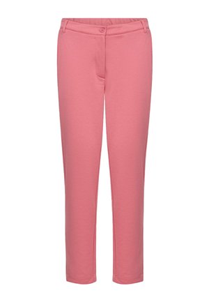 Pantaloni roz, cu croială slim, cu nasture și fermoar, buzunare frontale și croială dreptă.