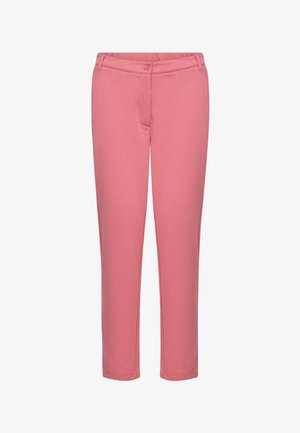 Ružové nohavice úzkeho strihu so zapínaním na gombík a zips, predné vrecká a rovný strih nohavíc.