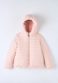 Giacca imbottita rosa con cappuccio foderato in pelliccia, design a trapunte verticali, chiusura con zip e una texture interna morbida.