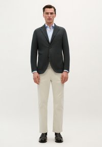 Blazer de rayas gris oscuro con dos botones, combinado con una camisa azul clara, pantalones crema y zapatos negros. Textura de tela suave.