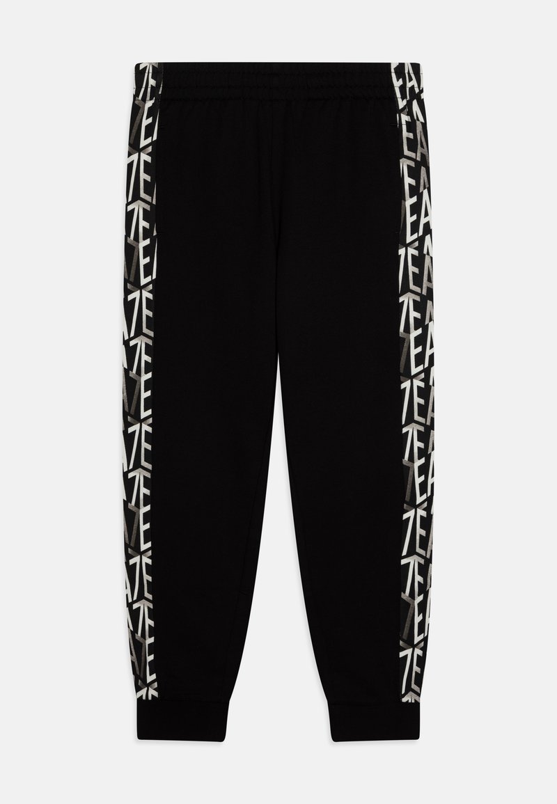 Zwarte sweatpants met een elastische tailleband, voorzien van contrasterende geprinte zijstrepen in het wit en beige met abstracte tekst.