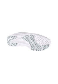 Weißer Sportschuhsohle mit strukturierten Mustern, ausgestattet mit einem grauen karierten Design. "Under Armour"-Logo geprägt an der Seite.