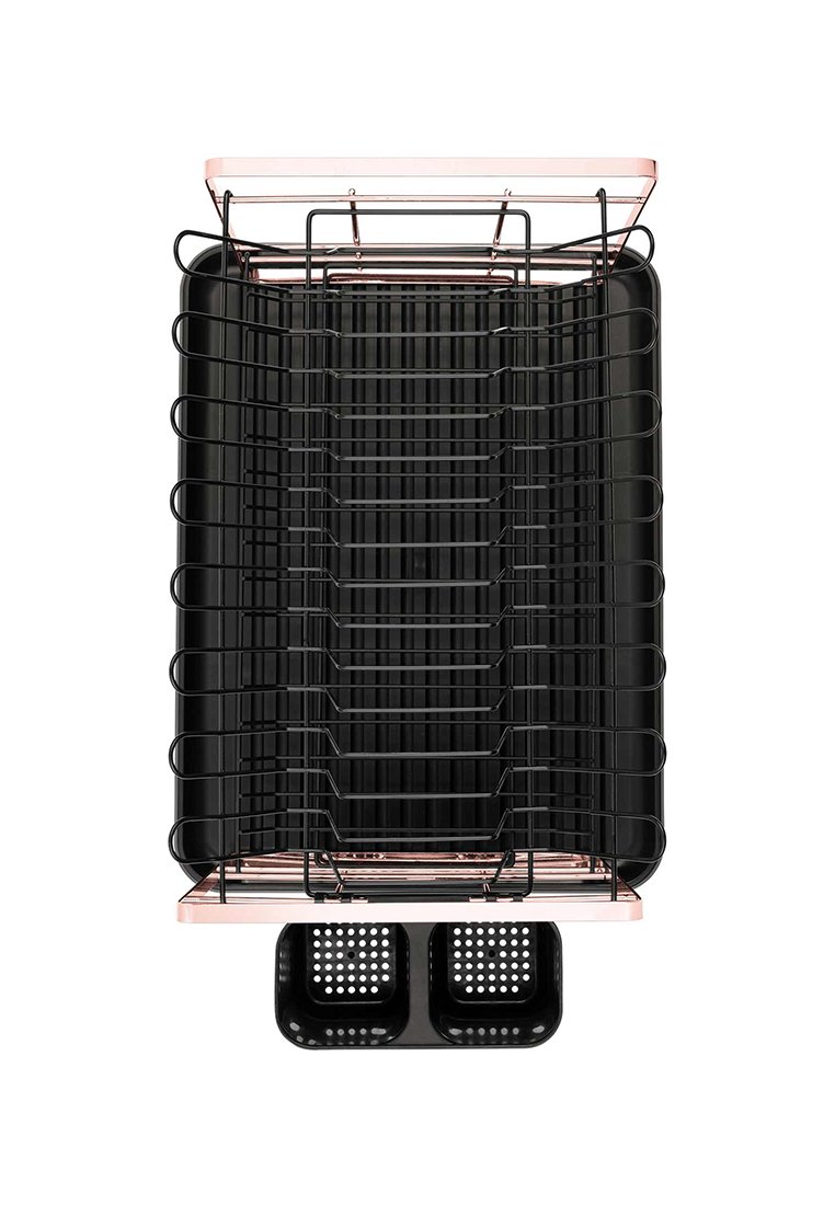 Schwarzes Drahtregal mit einer roségoldenen Platte und zwei schwarzen, perforierten Behältern an der Basis. Rechteckige Form, minimalistische Gestaltung.