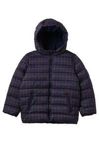 Giacca imbottita con cappuccio, caratterizzata da un motivo a quadri blu navy, borgogna e grigio, con due tasche laterali con zip e una texture trapuntata.