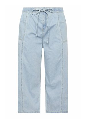 Lyseblå denim bukser med vide ben, elastik i taljen, snøre og store lappelommer foran og på siderne.