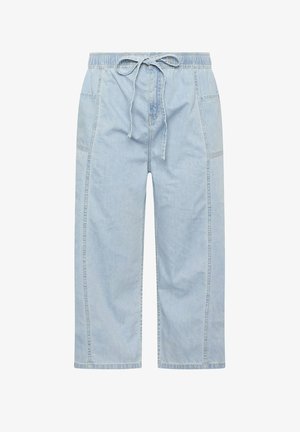 Hellblaue Jeans mit weitem Bein, elastischem Bund, Kordelzug und großen aufgesetzten Taschen vorne und an den Seiten.