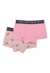 Due coppie di mutande di cotone; una rosa solido e una rosa chiaro con un motivo di gelato. Elastico nero con la scritta "THE NEW".