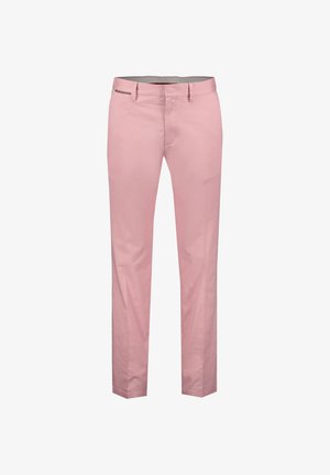 Pantalon slim rose clair en coton, avec braguette zippée et poches avant ; texture lisse avec des détails de couture minimaux.