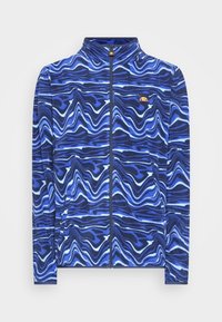 Giacca zip-up blu con motivo, realizzata in un tessuto morbido, con disegni ondulati in varie sfumature di blu e un piccolo logo colorato sul petto.