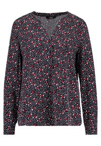 Blouse noire à manches longues avec motif floral rouge et accents blancs. Encolure en V et coupe décontractée avec une texture légère et lisse.