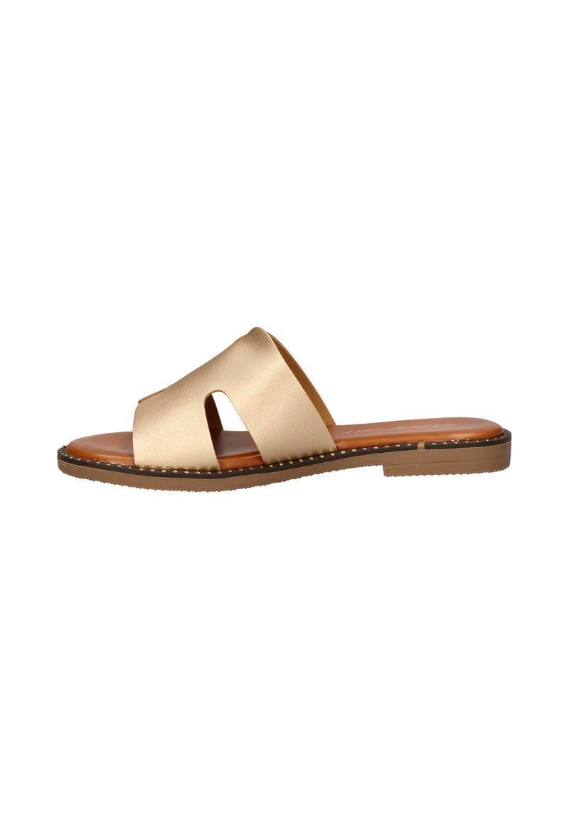 Open-toe slide sandalen in metallic goud, met twee brede banden met uitsparingen, een bruine cushioned inlegzool en een vlakke rubberen zool.