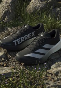 Μαύρα παπούτσια τρεξίματος Adidas Terrex για μονοπάτια με λευκά λογότυπα σε βραχώδες, χορταριασμένο έδαφος σε φυσικό υπαίθριο περιβάλλον.