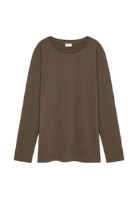 Bruine langetermijn T-shirt met lange mouwen, gemaakt van zachte katoen. Heeft een ronde halslijn en een relaxte pasvorm, met rechte zoom en zonder patronen of accenten.