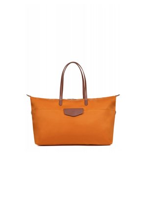 Borsa tote arancione con due manici in pelle marrone, dotata di un fondo piatto e una chiusura superiore con gancio. Include un piccolo accento in pelle sul fronte.