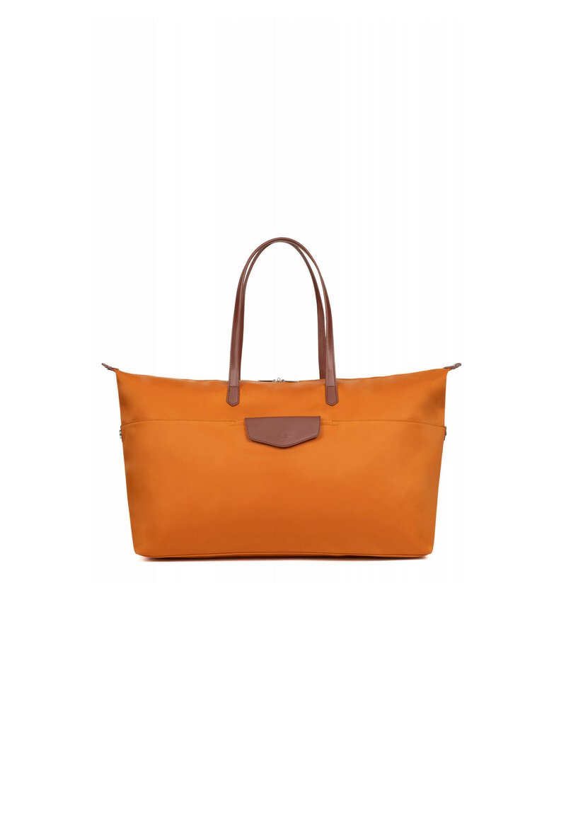 Borsa tote arancione con due manici in pelle marrone, dotata di un fondo piatto e una chiusura superiore con gancio. Include un piccolo accento in pelle sul fronte.