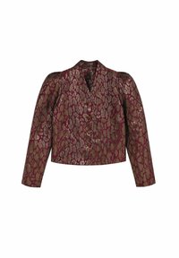 Chaqueta jacquard burdeos con estampado animal en dorado y plateado, hombros estructurados, mangas largas y cierre de botones en la parte delantera.