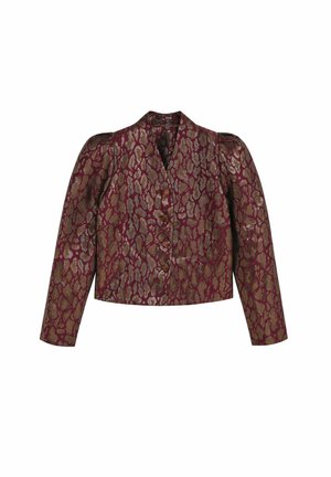 Veste en jacquard bourgogne avec un imprimé animal en or et argent, épaules structurées, manches longues et fermeture à bouton à l'avant.