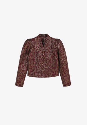 Bordeaux jacquard blazer met gouden en zilveren dierenprint, gestructureerde schouders, lange mouwen en een sluiting met knopen aan de voorkant.