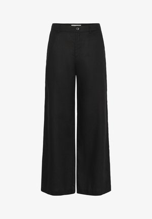 Black wide-leg trousers made from linen, featuring a high waist with a single button closure. Smooth texture and clean silhouette.