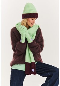 Pletená čiapka v svetlozelenej a bordovej farbe, hnedý plyšový sveter, mintový šál a mintové rukavice, všetko s jemnými textúrami.