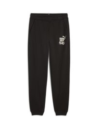 Pantalones de chándal negros hechos de una tela suave, con bolsillos laterales y una cinturilla elástica, y con un logotipo gráfico blanco en el muslo izquierdo.