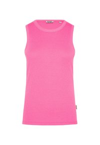 Rosa ärmelloses Oberteil aus geripptem Stoff mit rundem Ausschnitt und geradem Saum. Verfügt über ein kleines Markenetikett an der Seite.