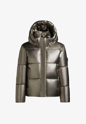 Metallic pufferjakke med hætte. Har quiltet polstring, frontlynlås og to sidelommer. Farven er dæmpet grågrøn med blank finish.