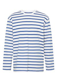 Långärmad skjorta i vitt bomull med tjocka blå horisontella ränder. Rund halsringning, avslappnad passform och enkla manschetter, inga ytterligare dekorationer.