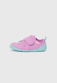 Purple fabric shoe with a soft, textured surface, featuring a unicorn design. Light blue rubber sole and adjustable strap for secure fit.