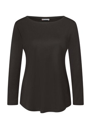 Zwarte longsleeve top gemaakt van zachte stof, met een ronde halslijn en een iets uitlopende zoom. Minimalistisch ontwerp zonder patronen.