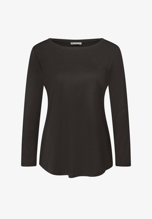 Zwarte longsleeve top gemaakt van zachte stof, met een ronde halslijn en een iets uitlopende zoom. Minimalistisch ontwerp zonder patronen.