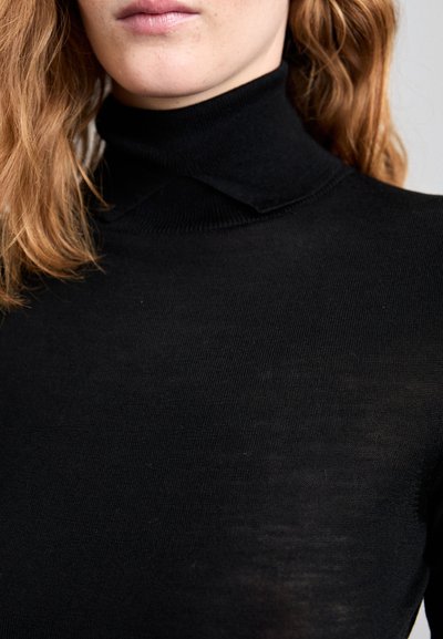 Black turtleneck top made of ribbed knit fabric, featuring a high collar and form-fitting design. Smooth texture with subtle sheerness.