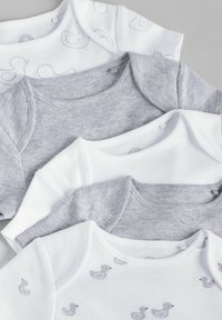 Four baby bodysuits: two white, one light gray, one dark gray, featuring duck patterns; soft cotton material with rounded necklines.