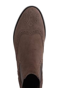 Brown suede ankle boot with a rounded toe, wingtip design, perforated details, and elastic side panels for easy wear.