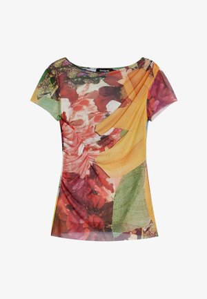 Rövid ujjú felső könnyű anyagból, sokszínű virágmintával piros, sárga és zöld árnyalatokban; puha tapintású és laza szabású.