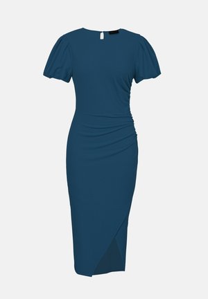 Μεσαίο φόρεμα σε τιρκουάζ χρώμα με κοντά φουσκωτά μανίκια, σφηκοφωλιά στη μέση και λεπτομέρεια με περαστό ύφασμα μπροστά, διαθέτοντας κλείσιμο με κουμπί σε σχισμή στο πίσω μέρος του λαιμού.