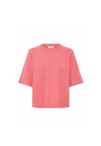 Roze gebreide top met korte mouwen en een ronde halslijn, met een relaxte pasvorm en geribbelde accenten aan de onderkant en mouwen. Soepele textuur.
