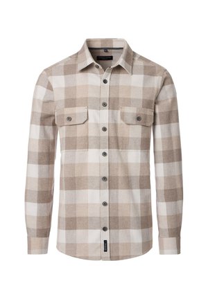 Langärmliges Karohemd in Beige und Weiß, mit zwei Fronttaschen, Knopfverschluss und rundem Saum. Aus weichem Stoff gefertigt.