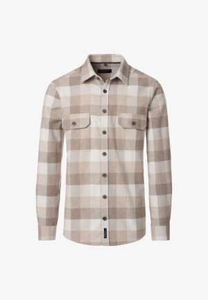 Langärmliges Karohemd in Beige und Weiß, mit zwei Fronttaschen, Knopfverschluss und rundem Saum. Aus weichem Stoff gefertigt.