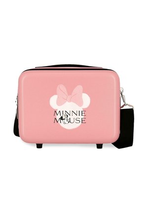 Bolsa rígida rectangular rosa con correa negra, que presenta la silueta de Minnie Mouse y el texto "MINNIE MOUSE" en el centro del frente.
