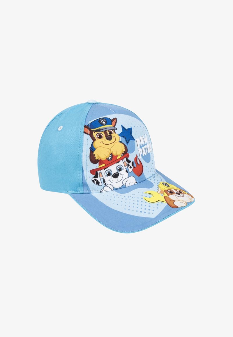 Casquette de baseball bleu clair avec des personnages de chien de dessin animé de "Paw Patrol." Le design à l'avant comprend des graphiques colorés et des accents d'étoiles.