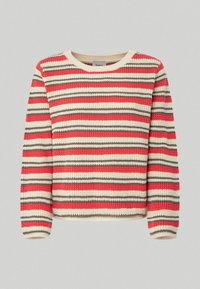 Maglione lavorato a maglia con strisce orizzontali rosse, crema e grigie. Collo rotondo, maniche a tre quarti e un tessuto testurizzato.