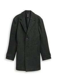 Wollen blend jas in donkergrijs met een herringbone textuur, notch revers, drie knopen en twee zijzakken. Verstelbare manchet details.