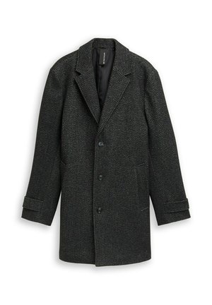 Wollmischungsjacke in Dunkelgrau mit Fischgrätmuster, Reverskragen, drei Knöpfen und zwei seitlichen Taschen. Verstellbares Ärmeldetail.