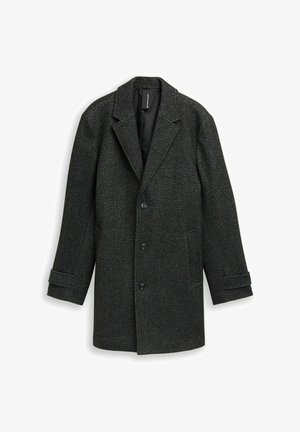 Płaszcz z wełny w odcieniu ciemnoszarym z teksturą w jodełkę, z klapami typu notch, na trzy guziki i dwoma bocznymi kieszeniami. Regulowane mankiety.