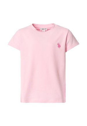 T-shirt rosa chiaro a maniche corte con scollo girocollo e piccolo logo ricamato U.S. Polo Assn. in rosa scuro sul lato sinistro del petto.